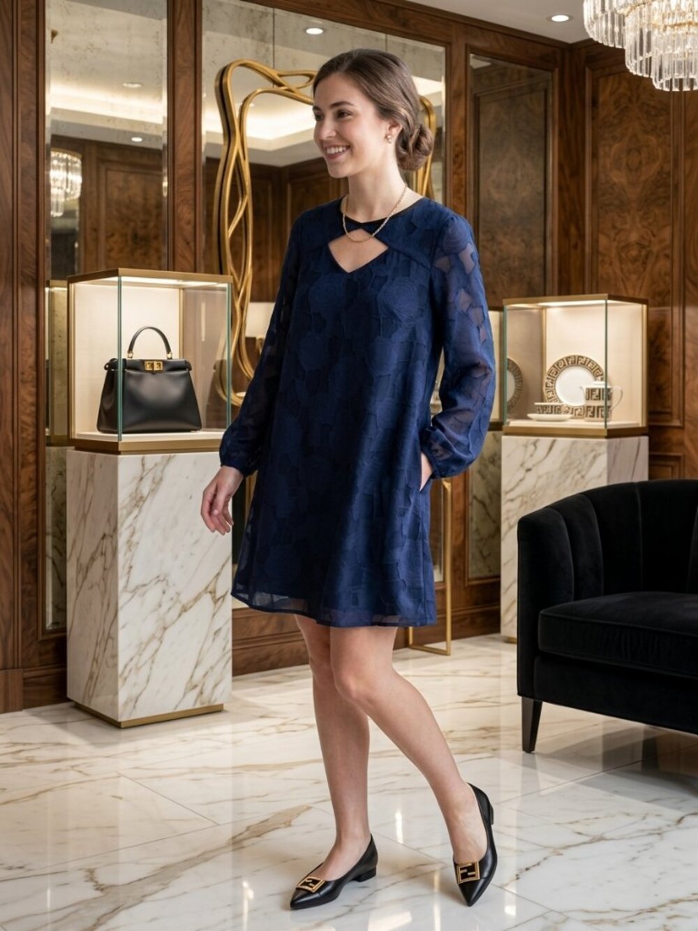 BCBGeneration Navy Sheer Floral Burnout Keyhole Shift Dress - M